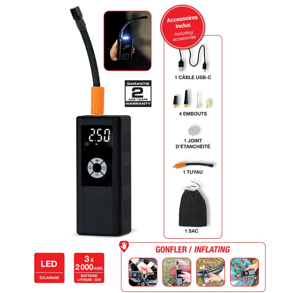Gonfleur sans fil 12V PRODIF EXPERT - Pompe à air rechargeable USB avec  écran LCD
