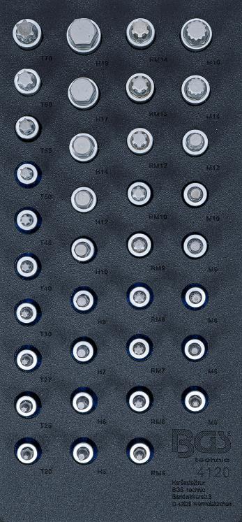 Insert de servante d’atelier 1/3: Jeu de douilles à embouts | carré femelle 12,5 mm (1/2) | hexagone femelle, profil T (pour Torx), polygone femelle (pour XZN), profil cannelé (pour RIBE) | 36 pièces
